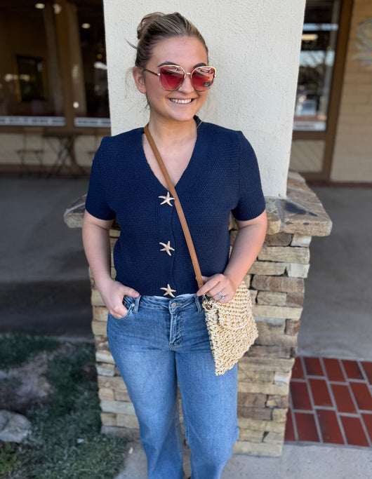 Navy Short Sleeve Knit Sweater Top w/Gold Starfish Snap Buttons