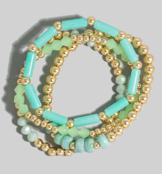 Seafoam Greens & Gold Set of 4 Stretch Beaded Bracelets