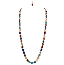 Jewel Multi-Color Square Beads Long Necklace and Earring Set