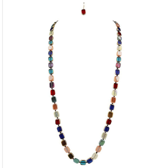 Jewel Multi-Color Square Beads Long Necklace and Earring Set