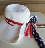 White Straw CC Brand Sunhat Visor w/Stars & Stripes Bow Band