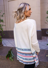 White, Mint & Raspberry Stripe Dolman Sleeve Scoop Neck Sweater Top