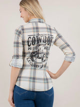 Cowboy Graphic Ivory & Sage Plaid Soft Flannel Top