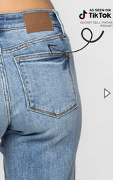 Judy Blue Mid Rise Dad Jeans w/Cell Phone Pocket & Raw Edge