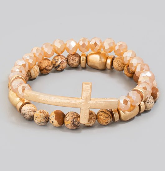 Brown Natural Stone & Gold Beads w/Cross Set of 2 Bracelets