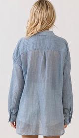 Light Denim Blue Sheer Long Sleeve Button Down Top