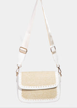 Ivory & Tan Woven Crossbody Purse w/Adjustable Seatbelt Strap