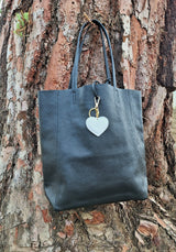 Julia Black Genuine Leather Carry All Bag w/Keychain, Leather Tie Strap & Inner Pocket