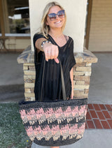 Black, Pink & Taupe Straw Braided Tote Bag w/Zipper & Inner Pockets