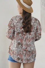 Khaki & Pink Flower Design Long Sleeve Plus Size V-Neck Blouse