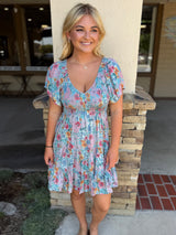 Teal Bayou Floral Print Tiered Short Dress by Angie