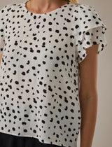 White & Black Abstract Flutter Sleeve Blouse