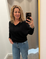 Black Ribbed Long Sleeve V-Neck Loungewear Sweater Top