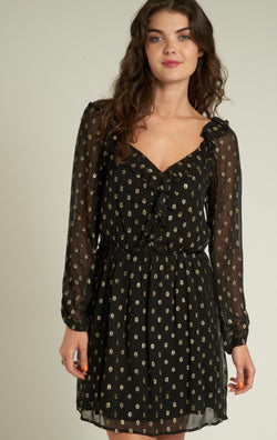 Milan Black Sheer & Gold Luxe Polka Dot Ruffle Detail Mini Dress w/Elastic Waist