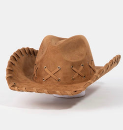 Brown Braided Brim Faux Suede Cowgirl Hat w/Adjustable Fit