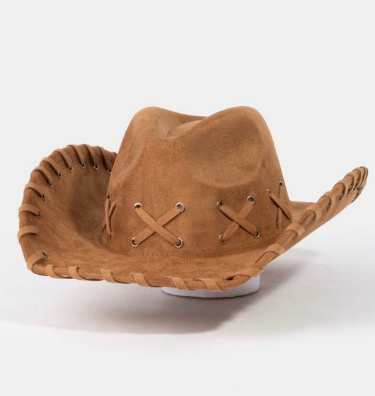 Brown Braided Brim Faux Suede Cowgirl Hat w/Adjustable Fit