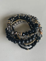 Black, Gray & Gold Glass and Beaded Set of 6 Stretch Bracelets