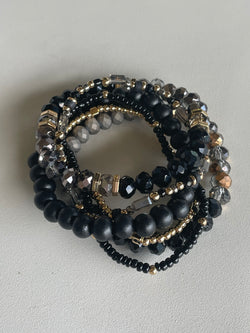 Black, Gray & Gold Glass and Beaded Set of 6 Stretch Bracelets