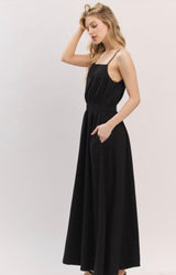 Black Square Neckline Spaghetti Strap Elastic Waist Maxi Dress