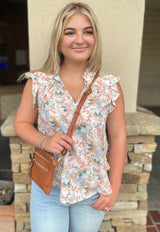 Natural & Coral Paisley Print Flutter Sleeve V-Neck Blouse by Lovestitch
