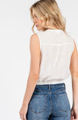 White Sleeveless Half Button Elastic Crop Waist Tank Top