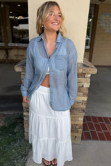 Cabo White Smocked Waist Pom Pom Tiered Trim Midi Skirt w/Pockets