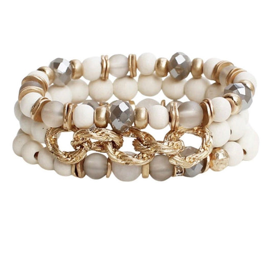 Gold & White Glass Beads Set of 3 Stretch Bracelets