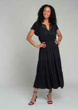 Black Tiered Midi Dress w/Lattice Trim Detail & Flutter Sleeve by Lovestitch