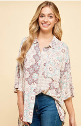 Seafoam & Berry Boho Print Button Down Top