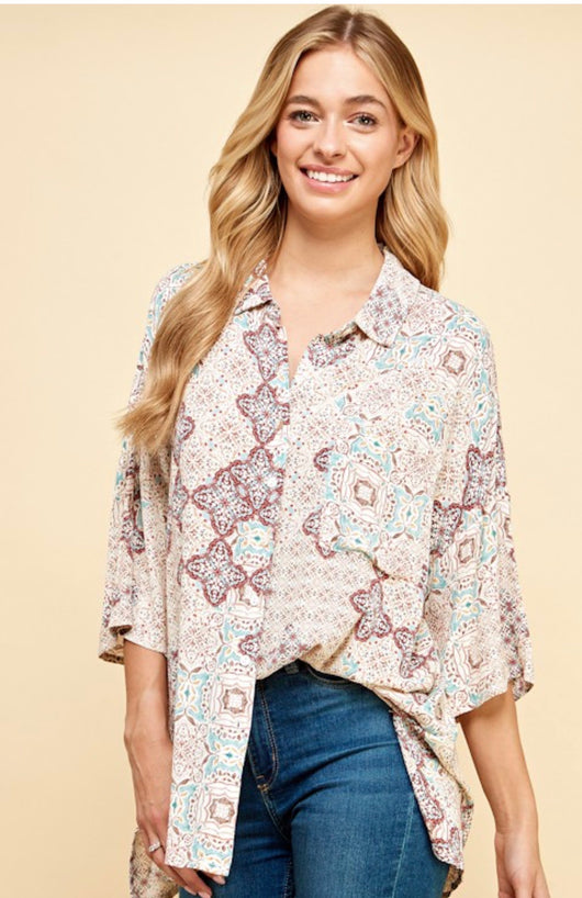 Seafoam & Berry Boho Print Button Down Top