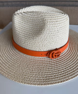 Beige Straw Sunhat w/Orange Faux GG Band and Adjustable Fit