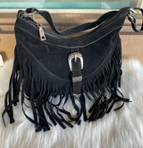 Black Fringe & Antique Silver Buckle Shoulder Purse