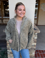 Teddy Soft Olive Tone Stripe Hoodie Zip Up Jacket w/Pockets