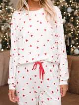 Fiery Red Heart Print Long Sleeve & Drawstring Lounge Pant Pajama Set