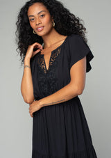 Black Tiered Midi Dress w/Lattice Trim Detail & Flutter Sleeve by Lovestitch