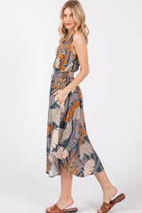 Slate & Rust Leaf Print Tank Midi Dress w/Smocked Waist, Back Tie & Pockets