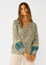 Azores Dusty Teal & Taupe Boho Print Long Sleeve Flowy Blouse