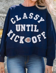 Classy Until Kickoff Plush Navy Sweater w/Puff Graphics