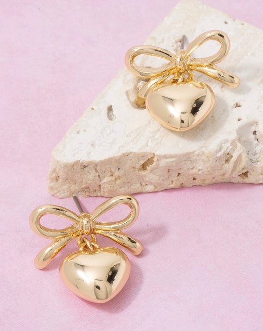 Gold Bow & Heart Earrings