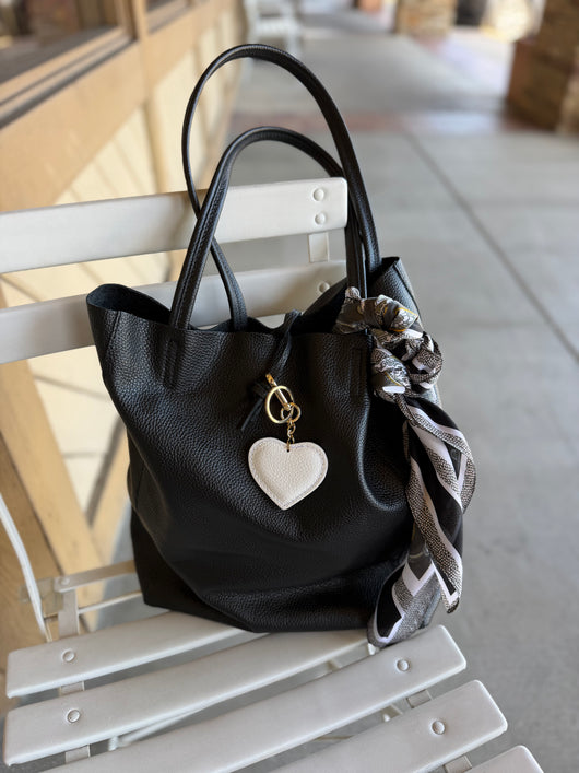 Julia Black Genuine Leather Carry All Bag w/Keychain, Leather Tie Strap & Inner Pocket