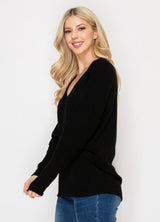 Black Ribbed Long Sleeve V-Neck Loungewear Sweater Top