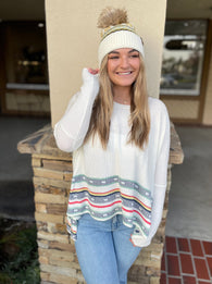 White, Mint & Raspberry Stripe Dolman Sleeve Scoop Neck Sweater Top