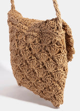 Tan Straw Flap Over Crossbody Purse w/Zipper Closure