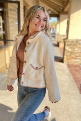Zoey Plush Ivory Button Down Jacket with Patch Work Pockets