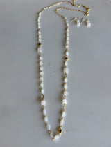 White & Gold Glass & Stone Beads Long Necklace and Earring Set