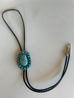 Western Girl Black Rope & Turquoise Concho Stone Bolo Necklace