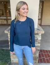 Teal Boyfriend Fit Sweater w/Waffle Texture and Ribbed Cuff