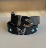 Butterfly Studded Black & Silver W/Turquoise Stones Belt