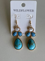 Gold, Turquoise & Pearl Teardrop Dangle Fishhook Earrings