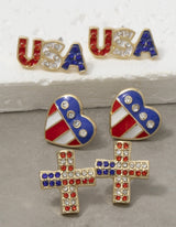 USA, Heart & Cross American Flag & Gold Set of 3 Earrings